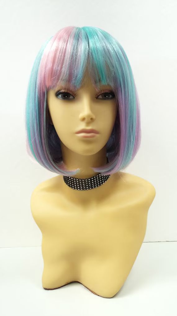 Cotton Candy Rainbow Short Bob Wig Straight w/ Bangs. Page Boy Wig. [60-315-Candy-Rainbow] | Etsy (US)