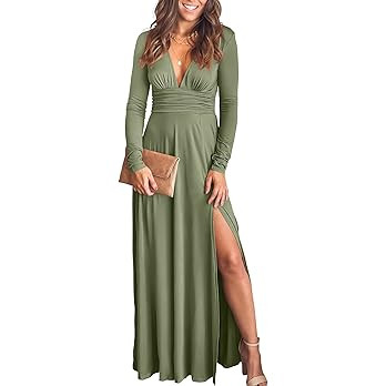 ANRABESS Women's Deep V Neck Short Sleeve Long Dresses Pleated High Waist Slit Club Party Evening... | Amazon (US)