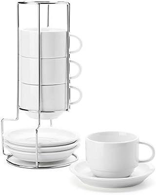 Sweese 406.101 Porcelain Stackable Cappuccino Cups with Saucers and Metal Stand - 8 Ounce for Spe... | Amazon (US)