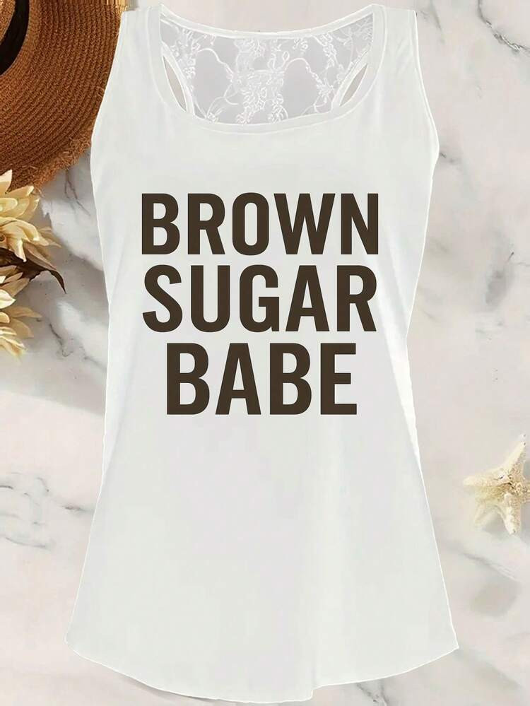 BROWN SUGAR BABE Women's Sleeveless Lace Backless Tank Top With Interesting Patterns, New Spring/Summer Collection, Lace Patchwork Design, Sexy And Fashionable | SHEIN