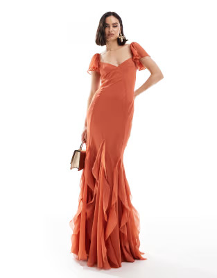 ASOS DESIGN flutter sleeve maxi dress with ruffle panels in rust | ASOS (Global)
