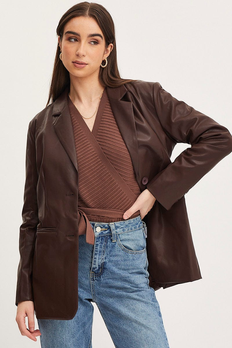 Women’s Brown Faux Leather Jacket Long Sleeve | Ally Fashion | Ally Fashion (US, Australia & New Zealand)