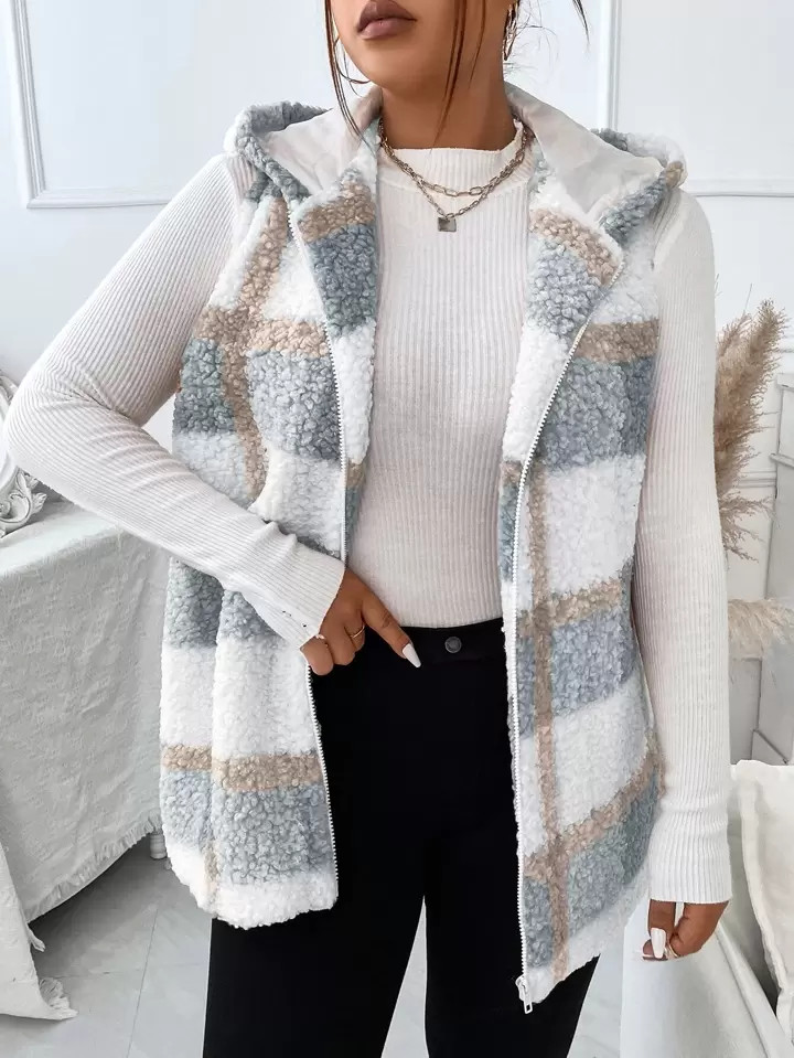 SHEIN LUNE Plus Plaid Pattern Teddy Vest Coat | SHEIN