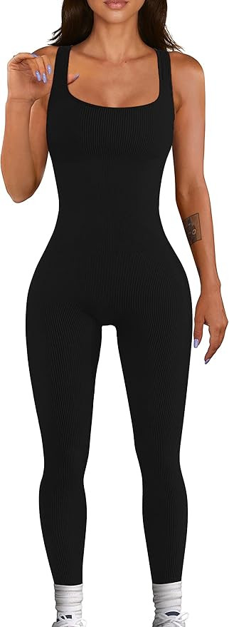 Picaurshe Women Yoga Rompers Sleeveless Workout Ribbed Square Neck Long Sport Tank Bodycon Jumpsu... | Amazon (US)