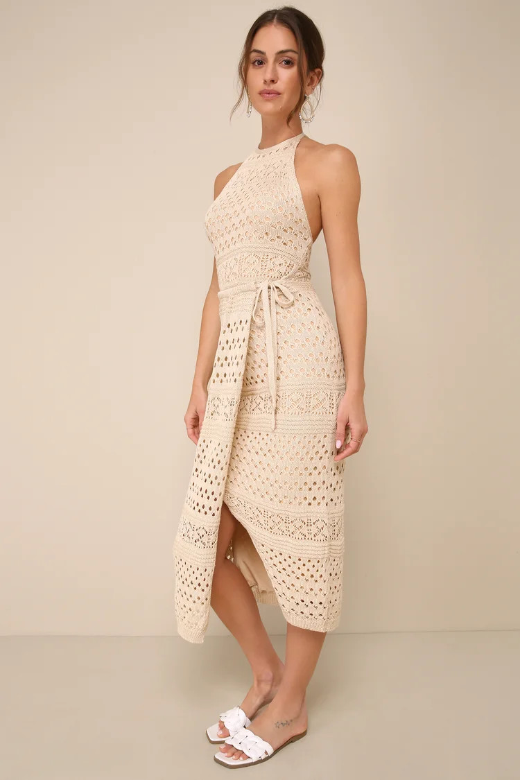 Blissful Strolls Beige Crochet Faux-Wrap Halter Midi Dress | Lulus