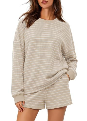 SENSERISE Womens Striped Lounge Sets 2 Piece Fall Outfits(Cream Beige,M) | Amazon (US)