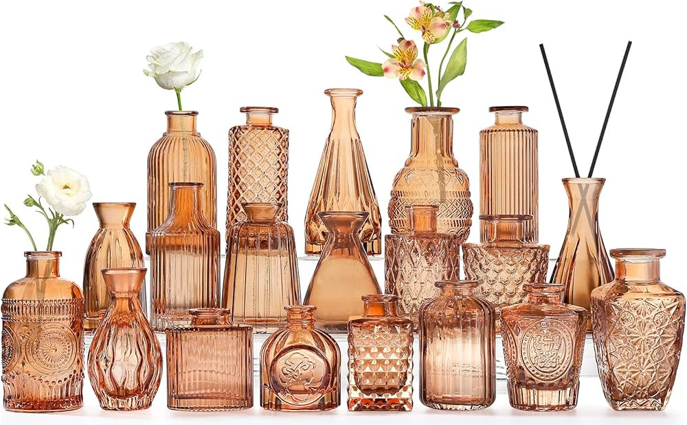 Amber Glass Bud Vases -Set of 20 for Flowers, Small Amber Bud Vases in Bulk for Centerpieces Deco... | Amazon (US)