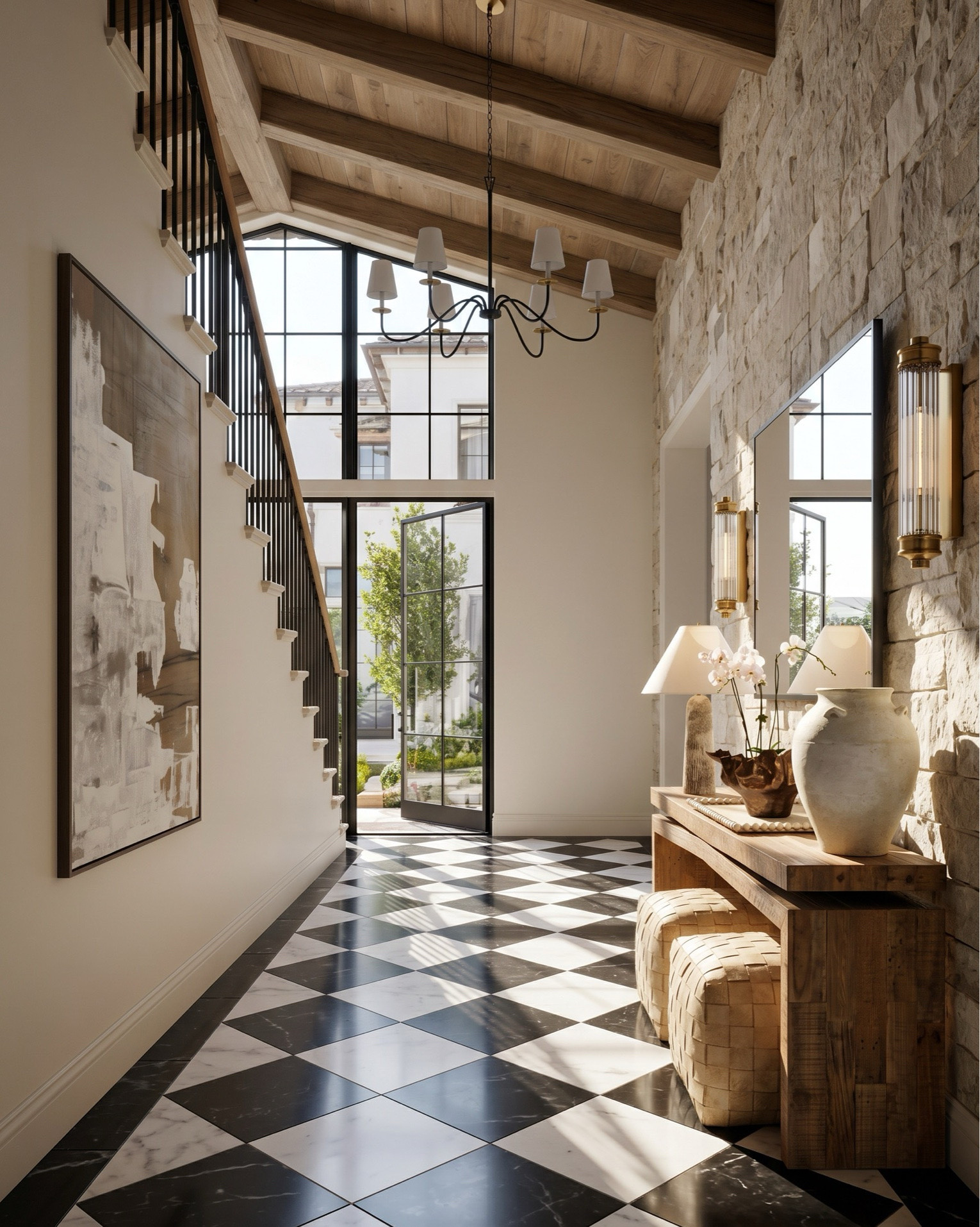 From a dramatic black and white checkered marble entryway to a warm dark wood kitchen, every detail in this home blends classic architecture with modern organic design.
Shop the look featuring:
• Checkered marble floor tile • Natural stone wall cladding • Rustic wood console table • Woven cube ottomans • Large abstract neutral wall art • Black chandelier with linen shades • Brass wall sconces • Oversized ceramic vase • Marble table lamps • White orchid arrangement
Living Room: • Curved ivory sofa • Bouclé accent chair • Fluted wood coffee table • Marble fireplace surround • Arched built-in bookshelves • Brass wall sconces • Neutral abstract artwork • Vintage-inspired brown area rug • Decorative ceramic vases • Coffee table books
Bedroom: • Scenic toile wallpaper mural • Dark wood upholstered bed • Linen bedding set • Velvet accent pillow • Fluted nightstand • Marble table lamp • Textured ceramic vase • Decorative wall mirror
Kitchen: • Marble waterfall island • Marble backsplash • White upholstered counter stools • Marble pendant lights
• Skirted ottomans 
• Scalloped mirrors • Ceramic flower vase • Marble candle holders

#LTKsale #LTKhome #LTKstyletip