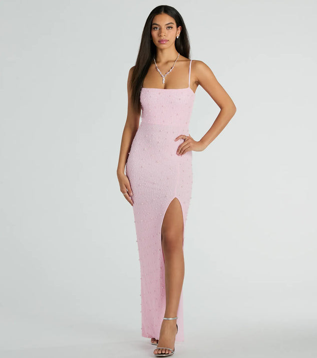 Daniella Sleeveless Faux Pearl Bead Slim Formal Dress | Windsor Stores
