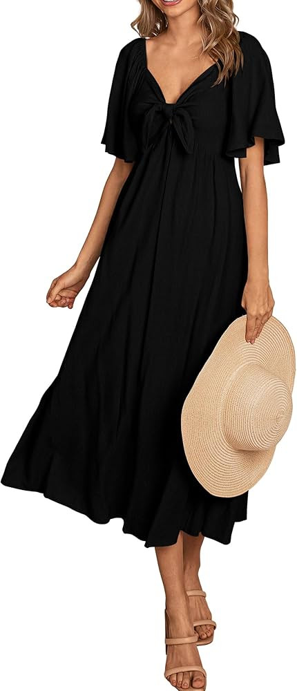 PRETTYGARDEN Summer Dress for Women 2024 Casual Short Sleeve Bow Tie V Neck Ruffle Midi Flowy Dre... | Amazon (US)