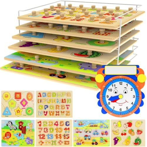 Premium Wooden Toddler Puzzles and Rack Set - (6 Pack) with Storage Holder Rack and Learning Cloc... | Amazon (US)