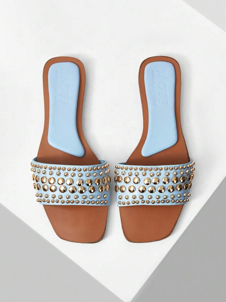 MOTF PREMIUM SQUARE TOE CONTRAST TRIM STUDDED FLAT SANDALS FOR CHRISTMAS SPRING SHOES | SHEIN