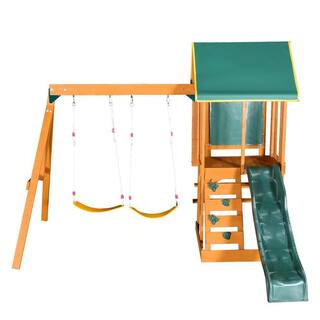 Green Wooden Outdoor Swing Set 3 in 1 Children's Playset with Slide, 2 Swings and Climber | The Home Depot