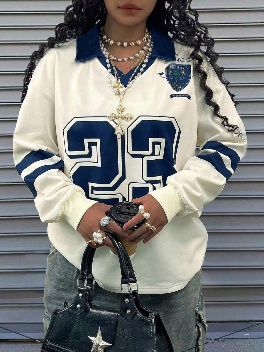 Rovax Plus Size Loose Fit Double Layer V-Neck Drop Shoulder Long Sleeve Sweatshirt | SHEIN