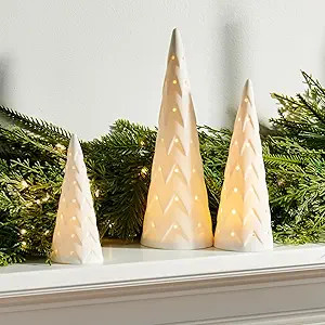 White Ceramic Christmas Tree Decorations, Set of 3 Christmas Figurines with Lights, Battery Opera... | Amazon (US)