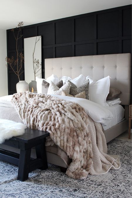 Moody bedroom design, affordable bed, throw blanket, bedding, mirror, rug, pillow 

#LTKstyletip #LTKsalealert #LTKhome