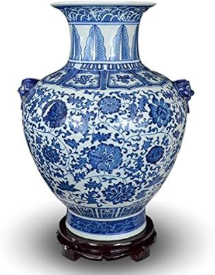 Festcool 18" Classic Blue and White Floral Porcelain Vase, Double Lion Head Ears Ceramic China Mi... | Amazon (US)