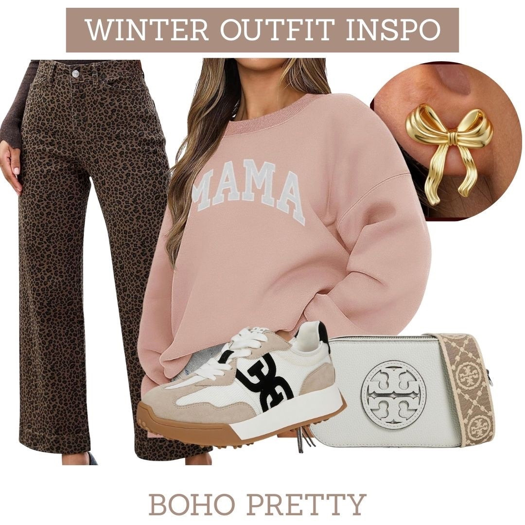 Winter outfit idea.  Blush pink MAMA graphic sweatshirt paired with leopard print cropped pants and gold bow earrings.  Elevate this look with Sam Edelman sneakers and Tory Burch Mini Miller Crossbody Bag. 

#LTKOver40 #LTKootd #LTKmomlife