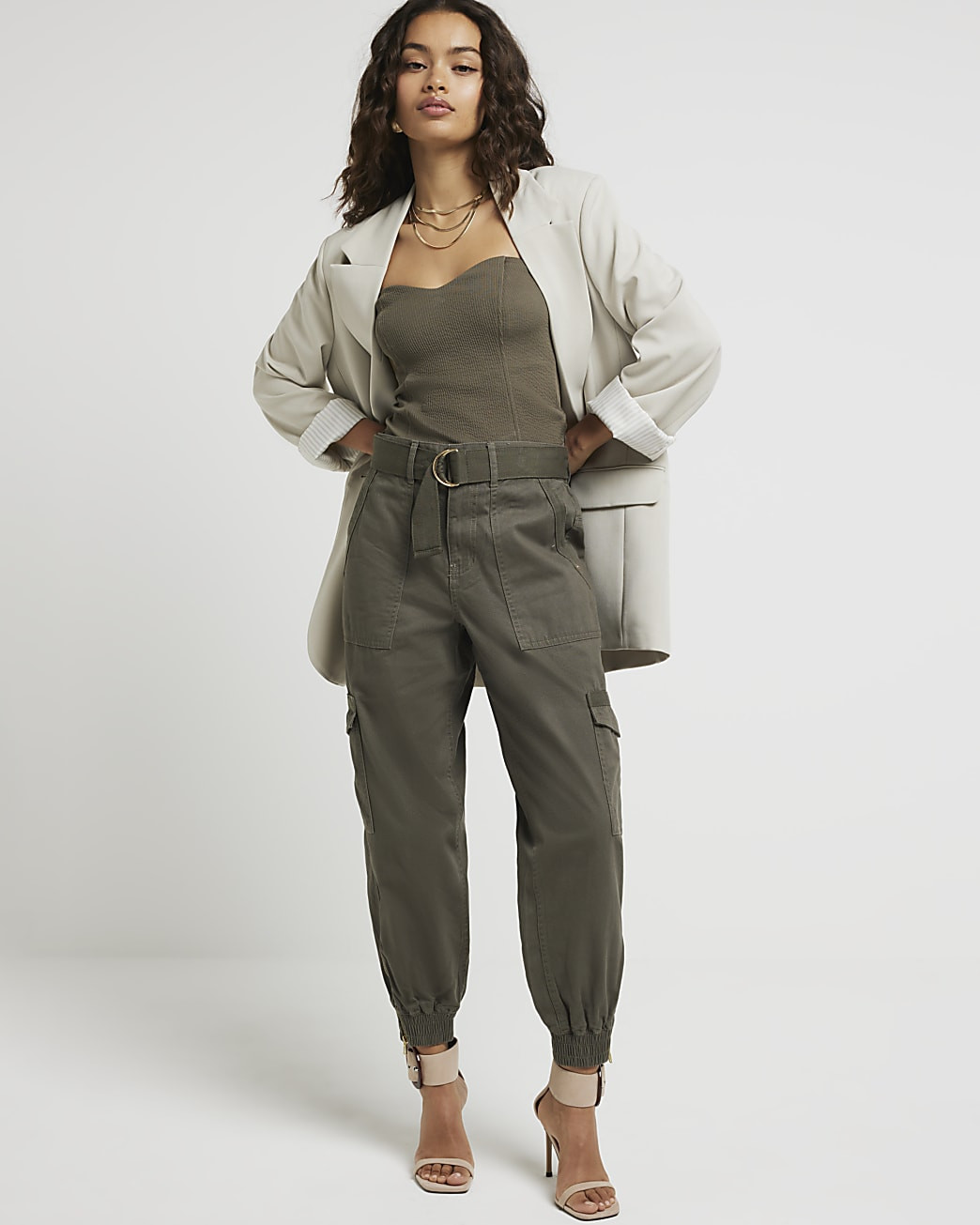Petite khaki belted utility cargo trousers | River Island (UK & IE)