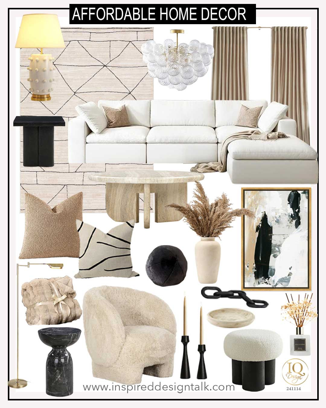 Amazon Affordable Home Decor Living ROom decorating ideas on a budget. Cloud sofa, black accent chair, stone coffee table, throw pillows, abstract artwork, bubble chandelier, fur accent chair, boucle ottoman 

 #LTKOver40 #LTKHome #LTKStyleTip