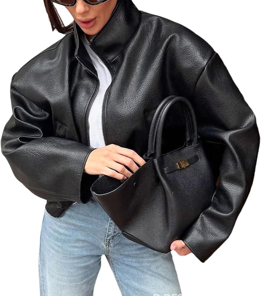 Oversized Leather Jacket for Women Faux Leather Stand Collar Motorcycle Going Out Long Sleeve Bom... | Amazon (US)