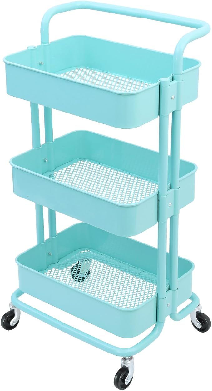 3-Tier Metal Mesh Storage Shelf Utility Rolling Cart with Removable Handle and Plug, Indoor or Ou... | Amazon (US)