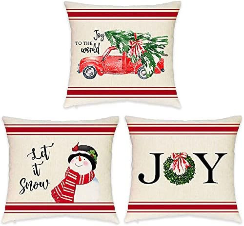Set of 3 Christmas Pillow Covers 18x18 Inch–Red Ticking Striped Merry Christmas /Let it Snow/Jo... | Amazon (US)