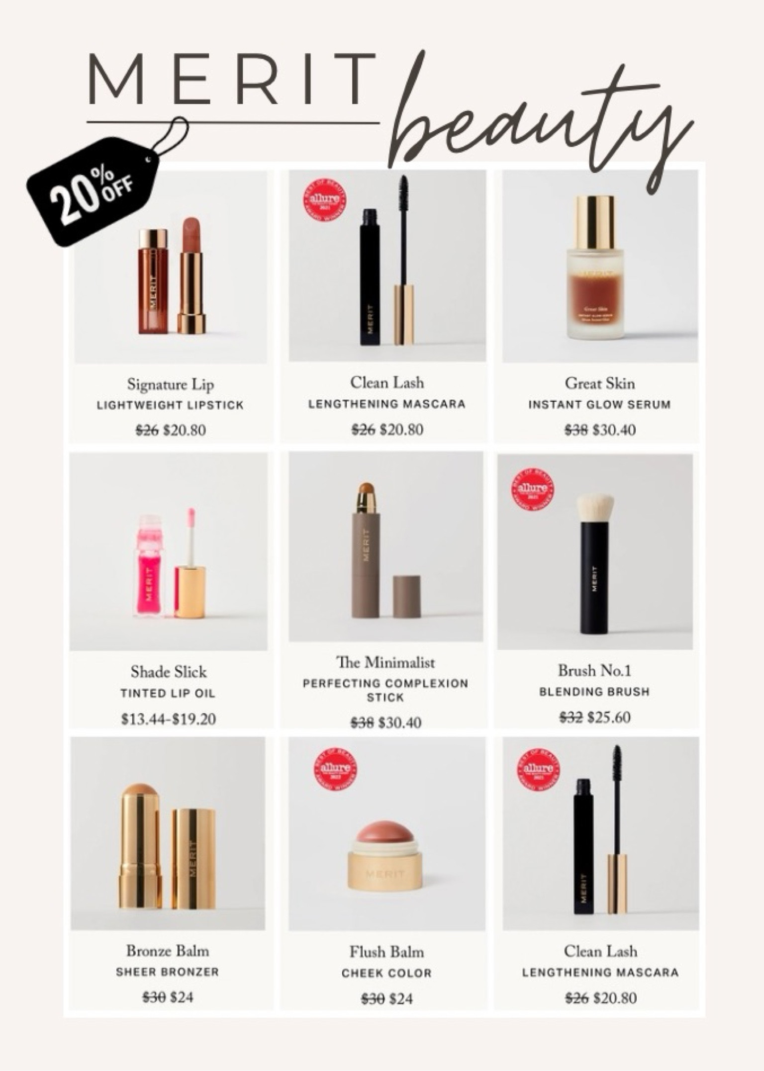 20% off Merit Beauty - once a year sale! 

Lineup of products I use and love:

1. Great skin serum 
2. Complexion stick in color bisque
3. Bronzing balm in color clay or seine
4. Flush balm in color cheeky
5. Signature lipstick in color baby
6. Lip oil in color pink beet 

#LTKBeauty #LTKFindsUnder50 #LTKSaleAlert