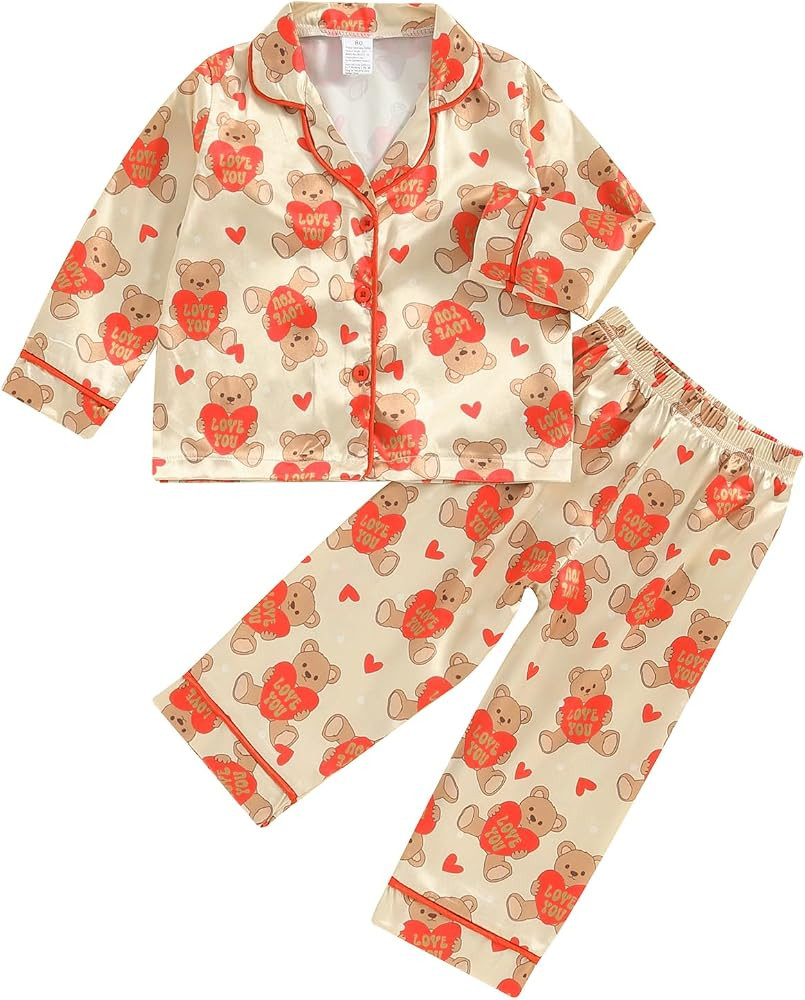 MAINESAKA Toddler Baby Girl Silk Satin Pajamas Valentines Day Pjs Heart Print Button Down Shirt S... | Amazon (US)