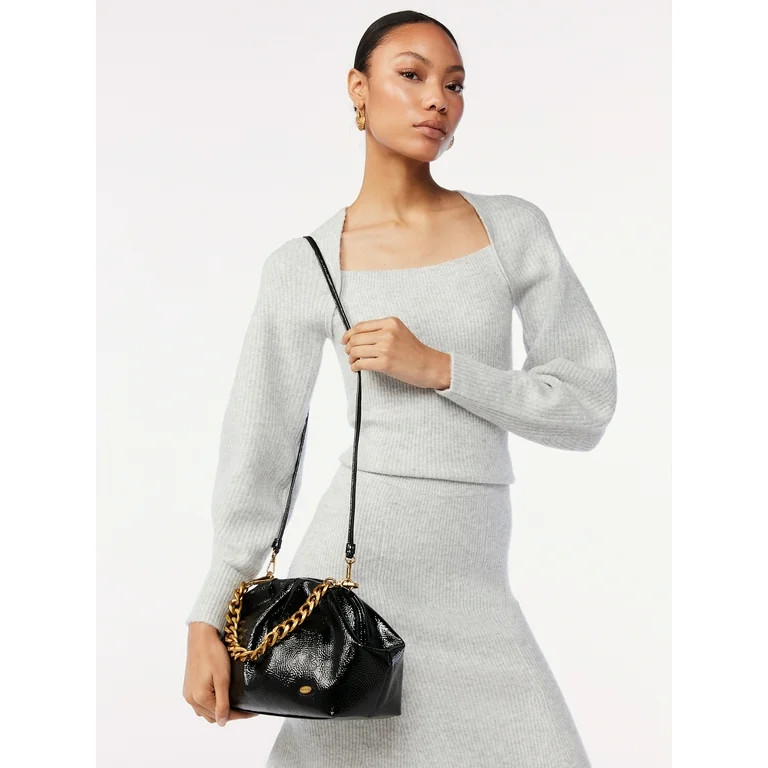 Scoop Women's Faux Patent Leather Crinkled Clutch Handbag with Chain Handle - Walmart.com | Walmart (US)