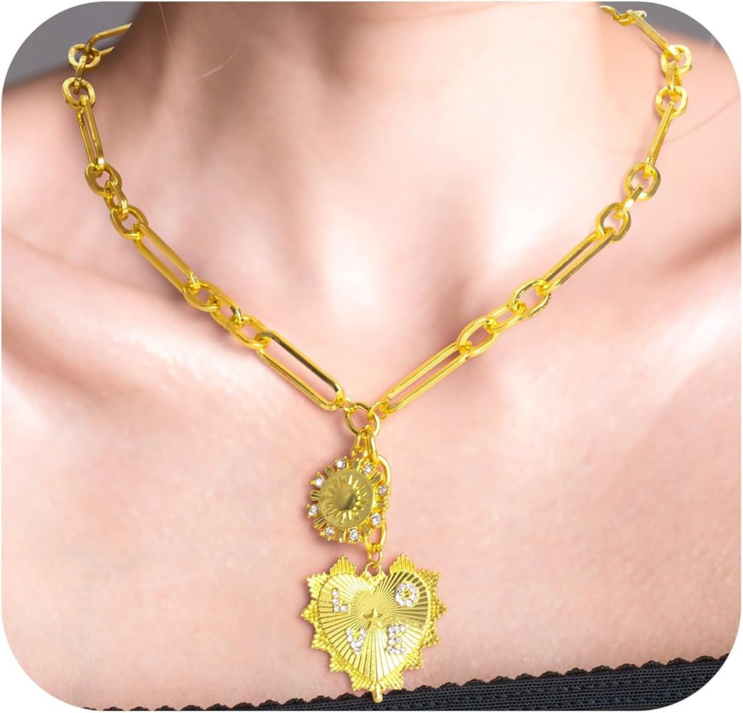 Chunky Gold Necklace for Women, 14K Gold Heart Pendant Necklace, Sun Flower Necklace,Paperclip Ch... | Amazon (US)