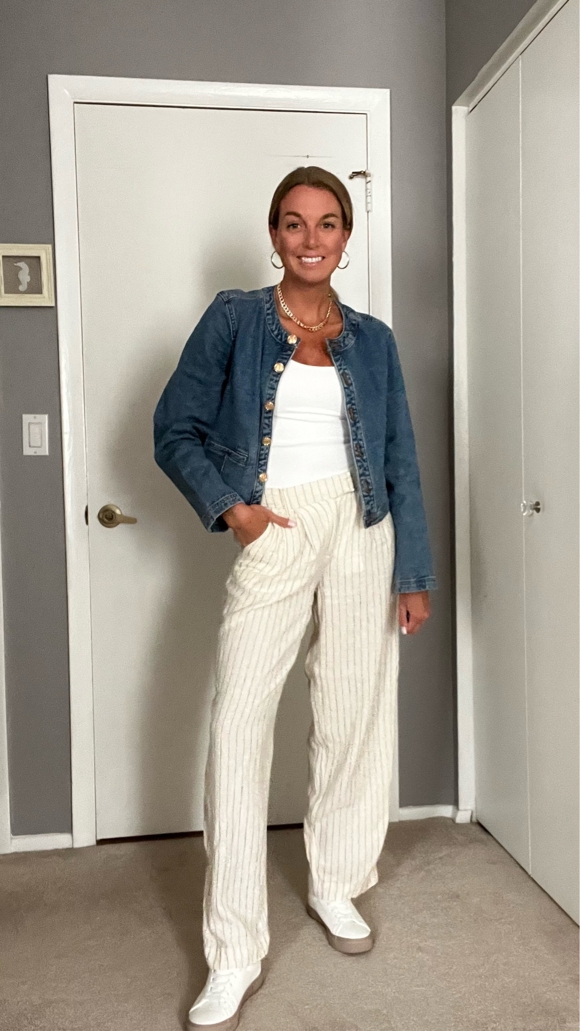 Outfits from latest reel. Showing you ways to style this LOFT collarless denim jacket. I love the gold buttons and fit. This denim jacket is appropriate for so many occasions. Wearing size small. I’m 5’8 and 135lbs for reference. 

Loft items are currently on sale for 30% off! I would grab this denim jacket while it’s on sale! I’m obsessed. 

Linen pants - 4 Abercrombie or loft 
Black pants - 6 tall  Abercrombie 
Ecru jeans - 4/28 loft
Wide leg denim jeans - 27 reg loft 

#LTKSale #LTKsalealert #LTKstyletip
