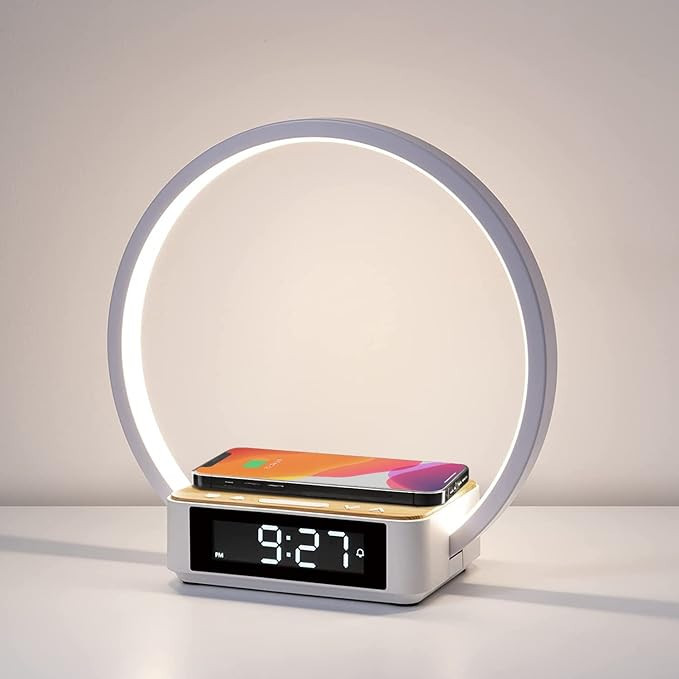 WILIT Bedside Table Lamp, Touch Lamp with Alarm Clock with Wireless Charging Wake-up Light, LED D... | Amazon (US)
