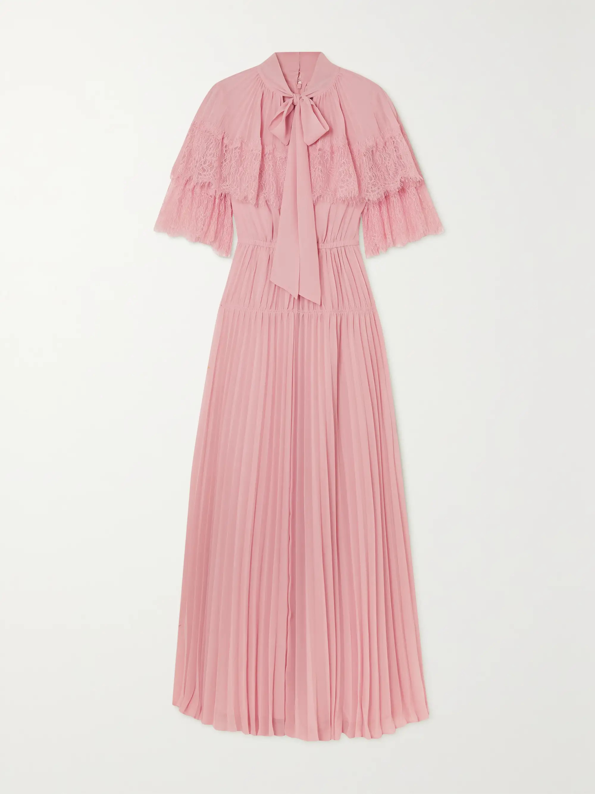 Pink Lace-trimmed pleated chiffon maxi dress | SELF-PORTRAIT | NET-A-PORTER | NET-A-PORTER (UK & EU)