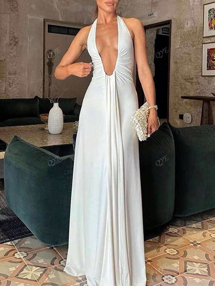Plus Size Women's Sexy Deep V-Neck Hollow Out Formal Pleated Chiffon Maxi Dress | SHEIN