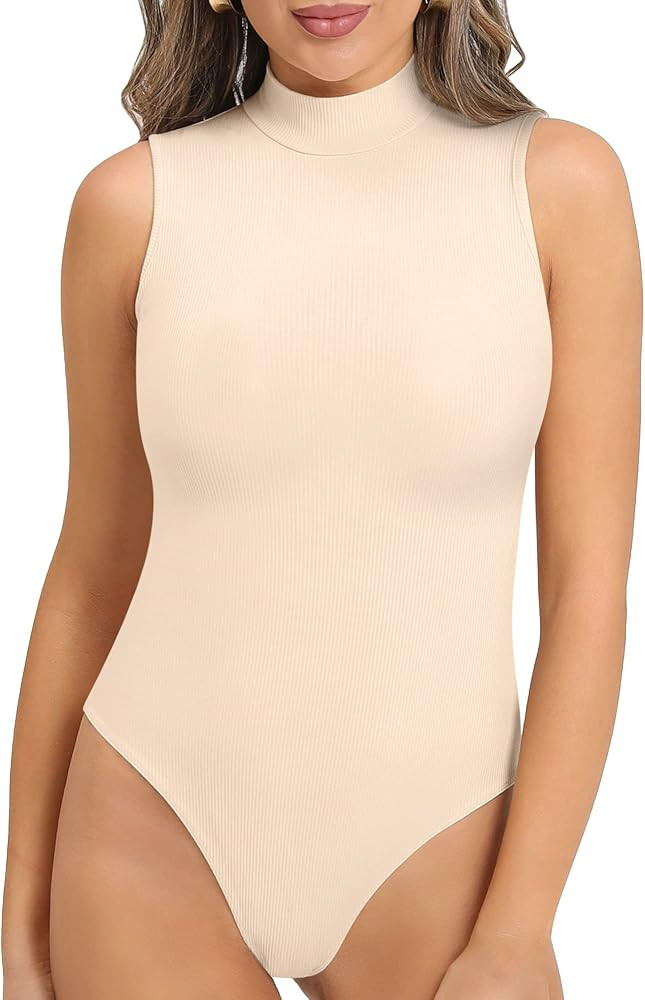 MANGOPOP Women's Mock Turtleneck Sleeveless Tank Tops Ribbed Long Sleeve Bodysuit | Amazon (US)