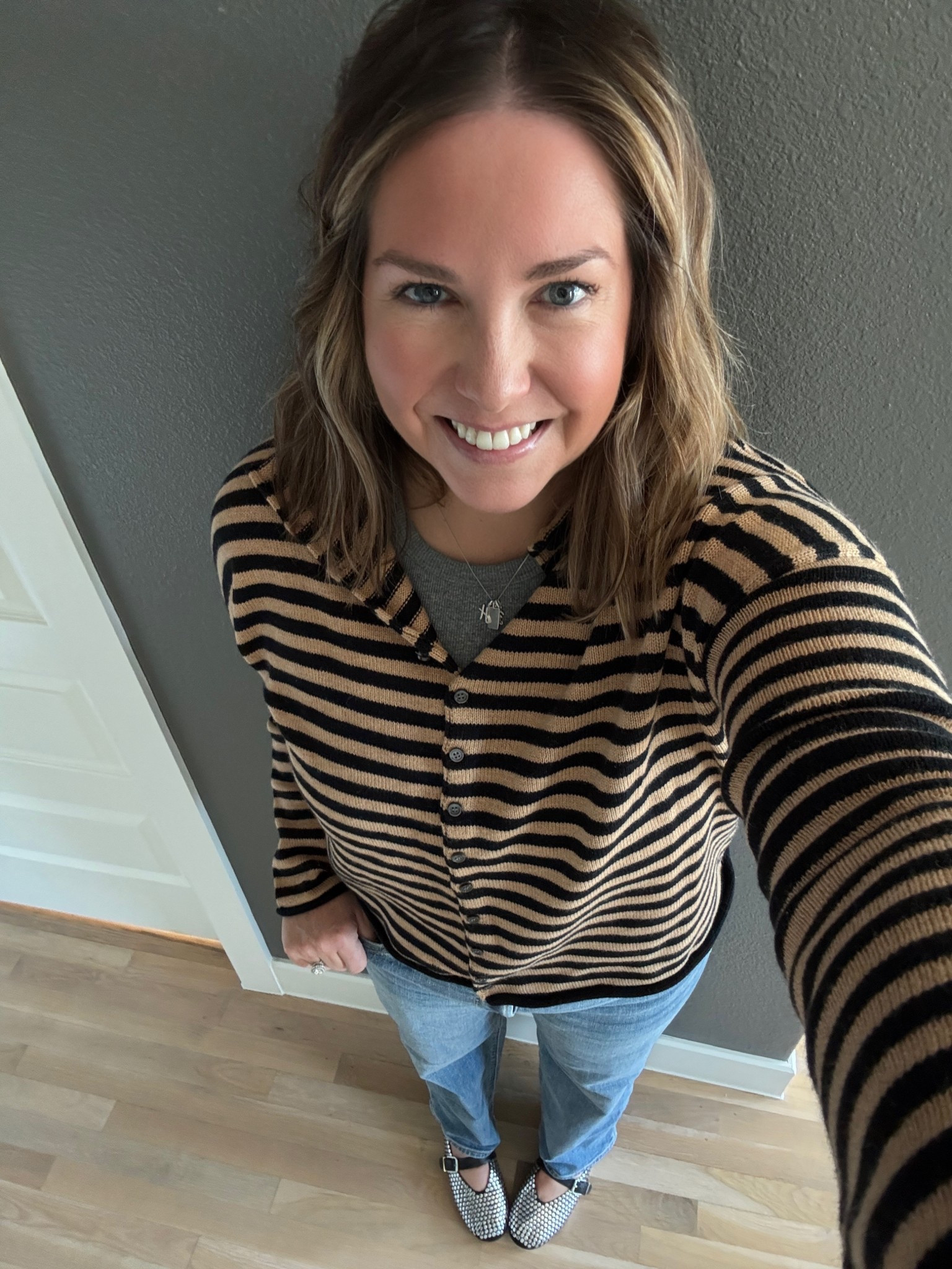 My 🦃 day outfit. We are a casual family and jeans, flats and a sweater were perfect. This sweater is currently 25% off with the code HOLIDAY. It will be easy to wear all fall and winter. I love the stripes and rolled collar. I paired it with fun studded flats to add more interest  

#LTKMidsize #LTKSaleAlert #LTKCyberWeek