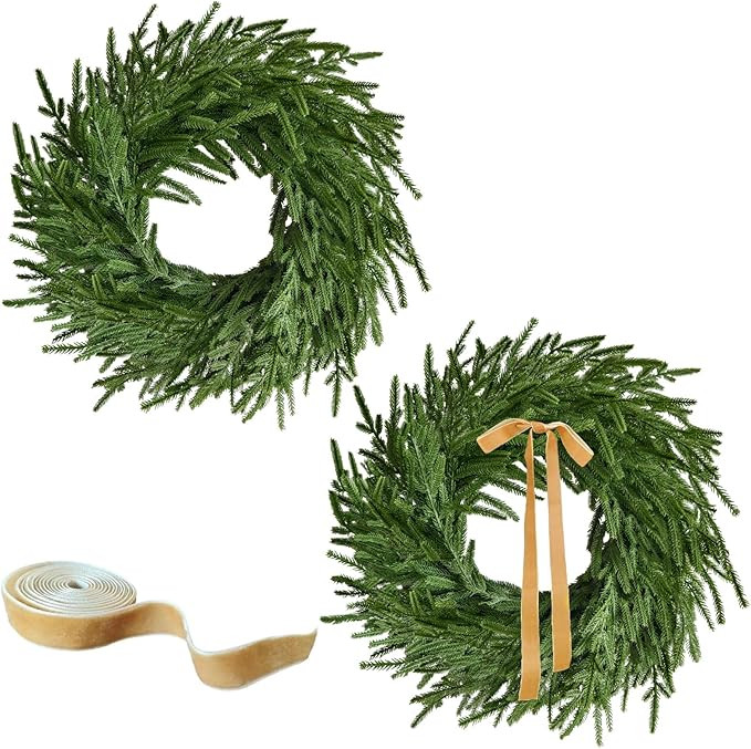 24 Inch Real Touch 2 Pcs Norfolk Pine Wreath Christmas Decorations for Front Door, Artificial Pla... | Amazon (US)