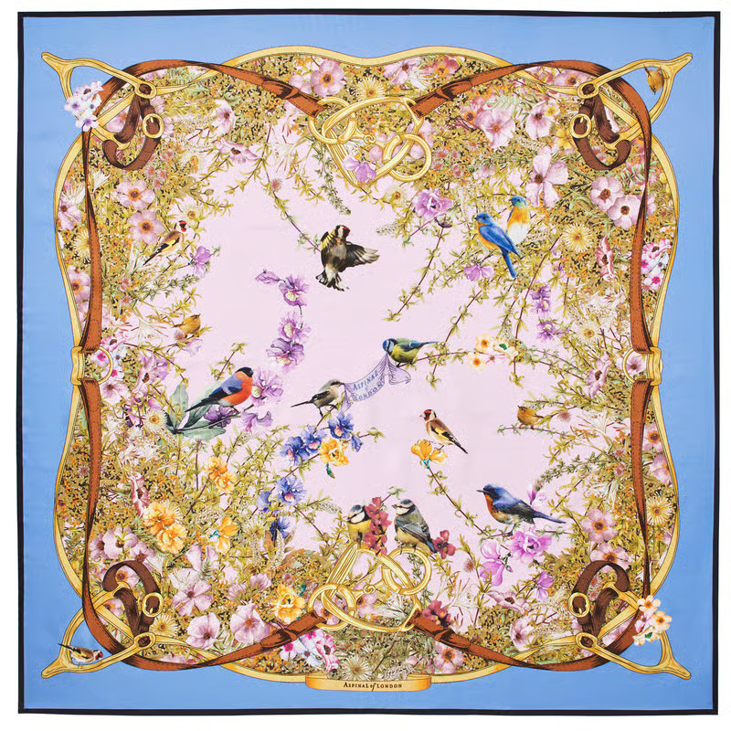 Aspinal of London Edwardian Garden Silk Scarf in Capri Blue & Lilac Pure Silk | Aspinal of London US