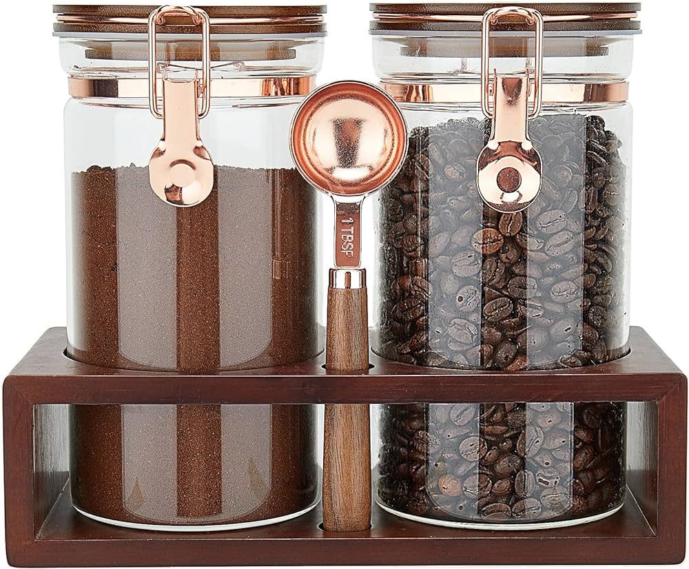 Glass Coffee Container with Wooden Shelf, 2 x 40 FLOZ Coffee Bean Storage with Sealed Closure Cli... | Amazon (US)