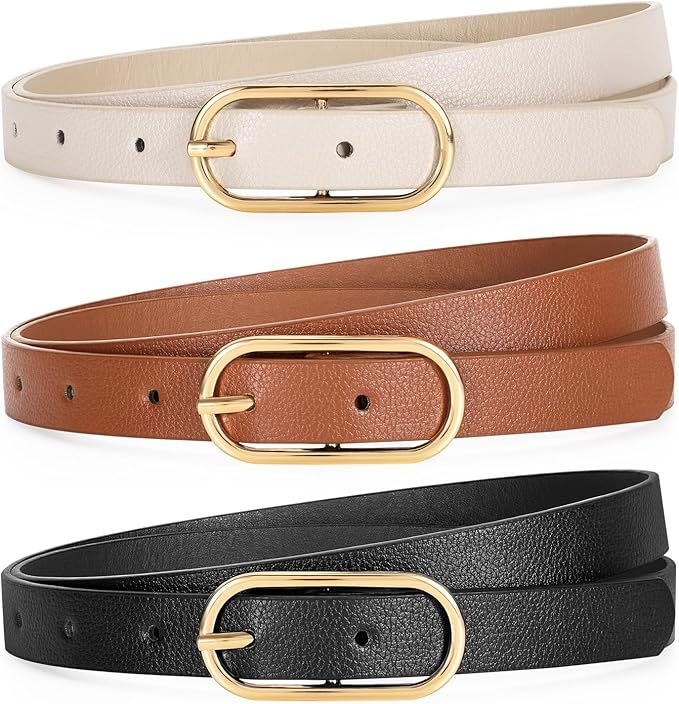 Women Skinny Leather Belt for Dress Pants Jeans Ladies Thin Waist Belts Dress Belt with Gold Buck... | Amazon (US)