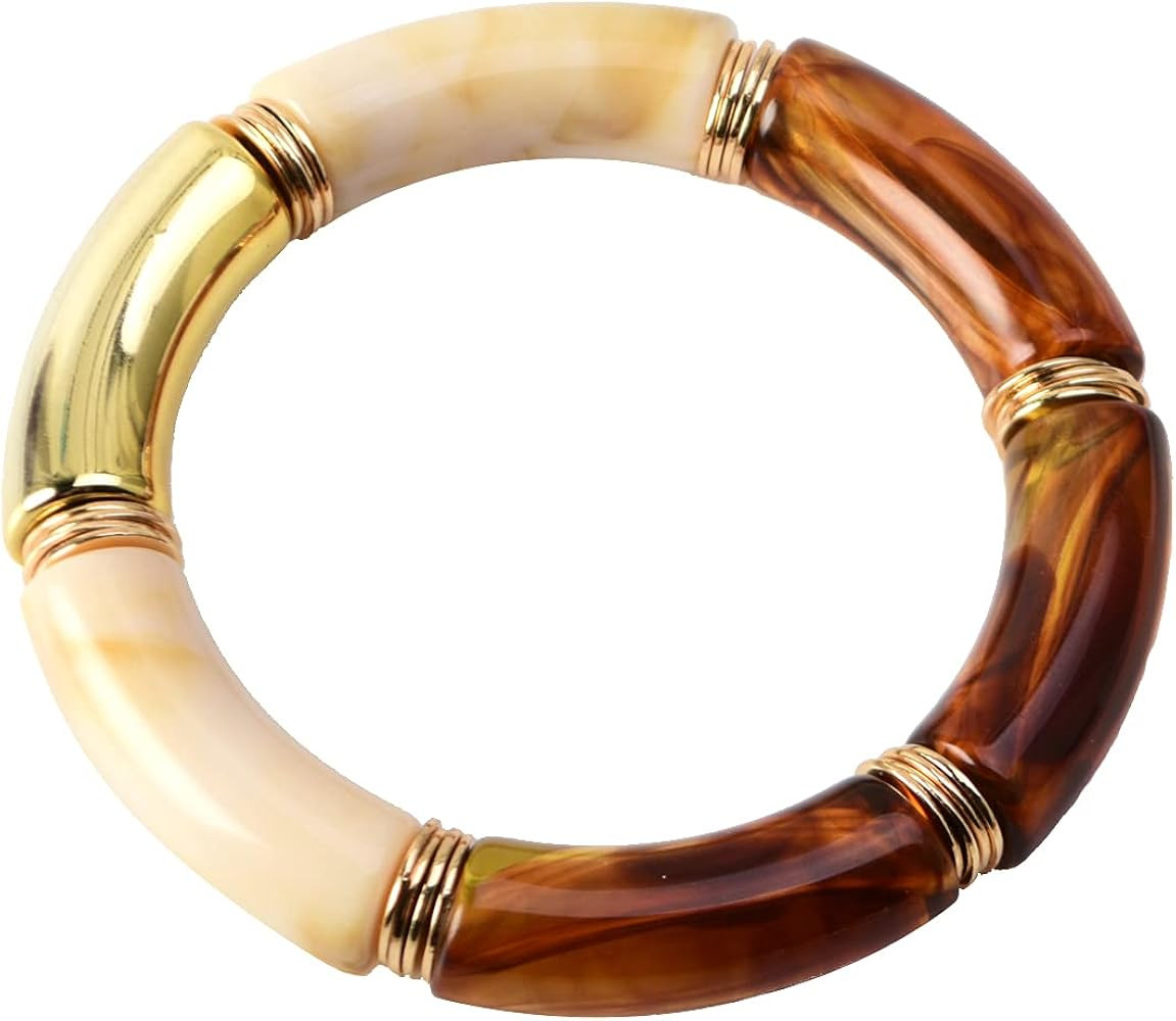 GOOJIDS Simple Beaded Gold Plated Bangles Bracelet Chunky Bamboo Tube Curved Stacking Clear Acryl... | Amazon (US)