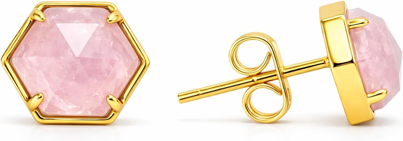 Gempires Hexagon Gemstone Stud Earrings for Women, 14K Gold Plated Hypoallergenic Prong Bezel, Faceted 8mm Crystal Minimal Jewelry Gift | Amazon (US)