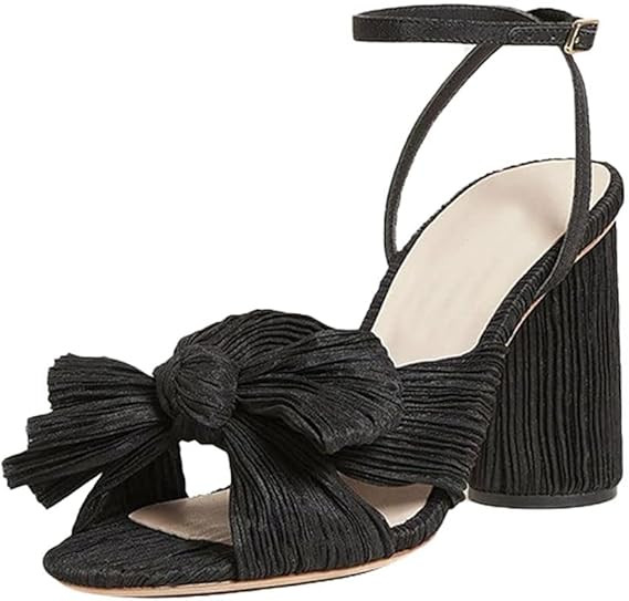 Womens High Block Chunky Heel Sandals Open Toe Ankle Buckle Strap Pleated Bow Heel Sandals Bridal... | Amazon (US)