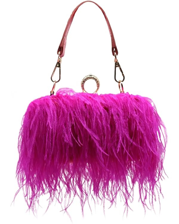 Women's Real Natural Ostrich Feather Clutch Evening Bags Fluffy Purse Handbag Feather Tote Bag fo... | Amazon (US)