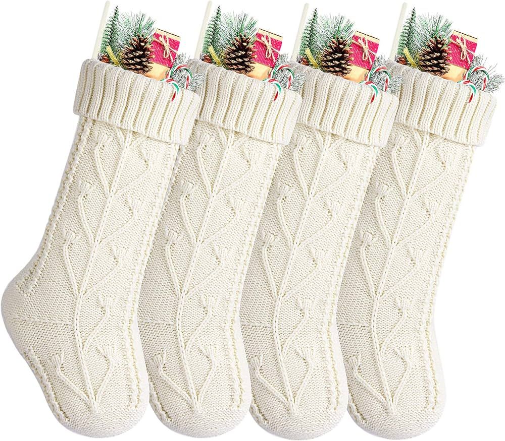 Kunyida Pack 4, 18" Ivory Cable Knitted Christmas Stockings for Family Holiday Xmas Party Decor | Amazon (US)
