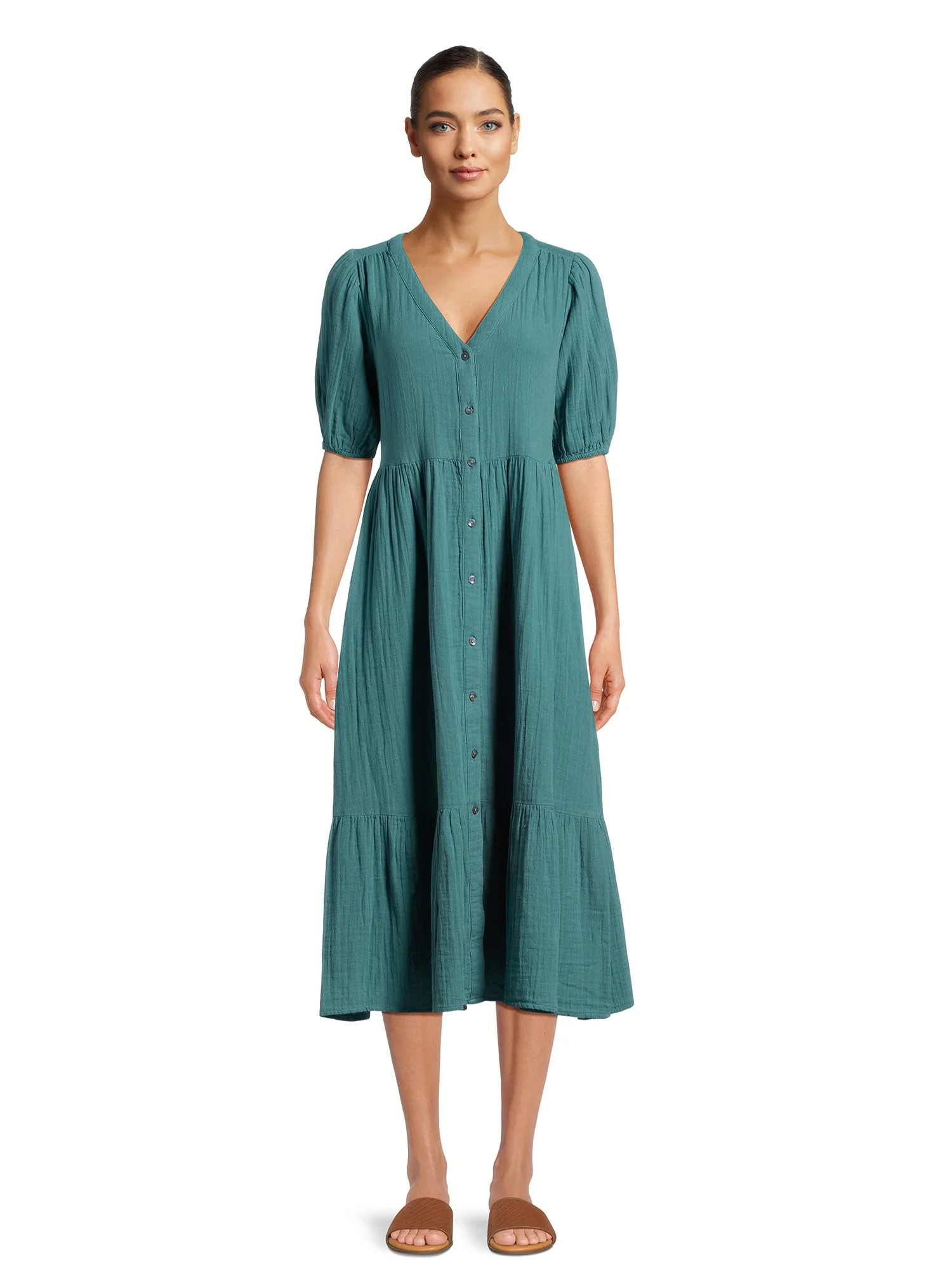 Time and Tru Women’s Tiered Midi Dress with Short Sleeves, Sizes XS-XXXL | Walmart (US)