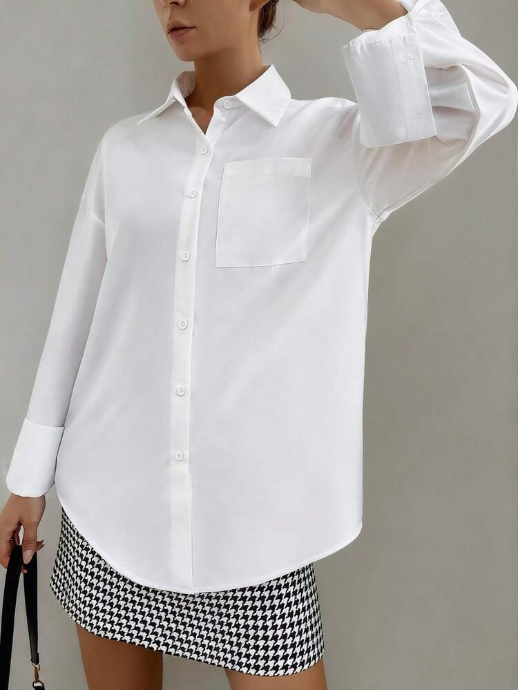 QIANZHIDU Elva Women's Solid Color Loose Long Sleeve Business Interview Commute Casual Minimalist Shirt, Suitable For Back To School, Graduation, Office, Spring, Summer, Autumn Wear, Simple And Elegant, Suitable For Spring, Summer, Autumn. Loose Shirt, Women's Clothing For Spring, Summer, Autumn, Elegant Women's Wear. Valentine's Day, New Year Outfit | SHEIN