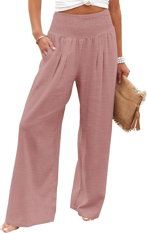 Angerella Womens Elastic High Waisted Palazzo Pants Casual Wide Leg Long Lounge Pant Trousers wit... | Amazon (US)