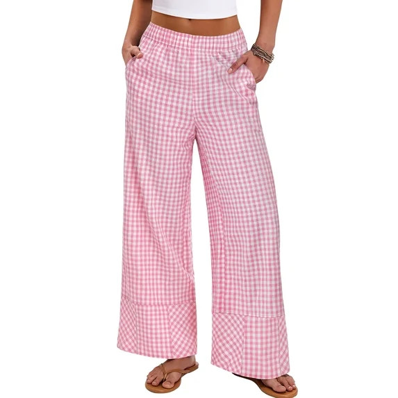 ANRABESS Womens Gingham Pants Wide Leg Elastic Waist Summer Casual Loose Palazzo Lounge Beach Vac... | Walmart (US)